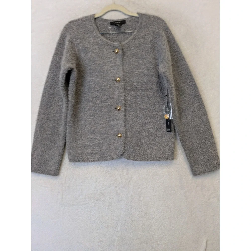 Tahari Women's Size S Gray Eyelash Knit Fuzzy Cardigan Gold Button Sweater NWT